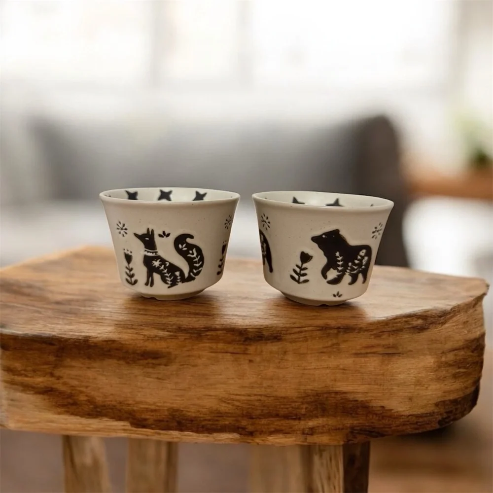 Set of 2 Stoneware Mugs— Fox & Bear Design, Nature Inspired (12 oz) - Picture 1 of 7